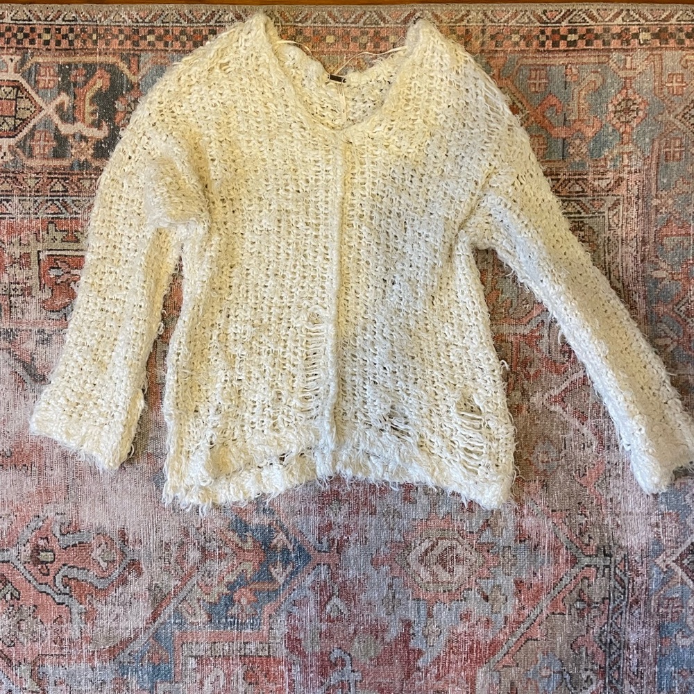 Free People White Distressed Sweater